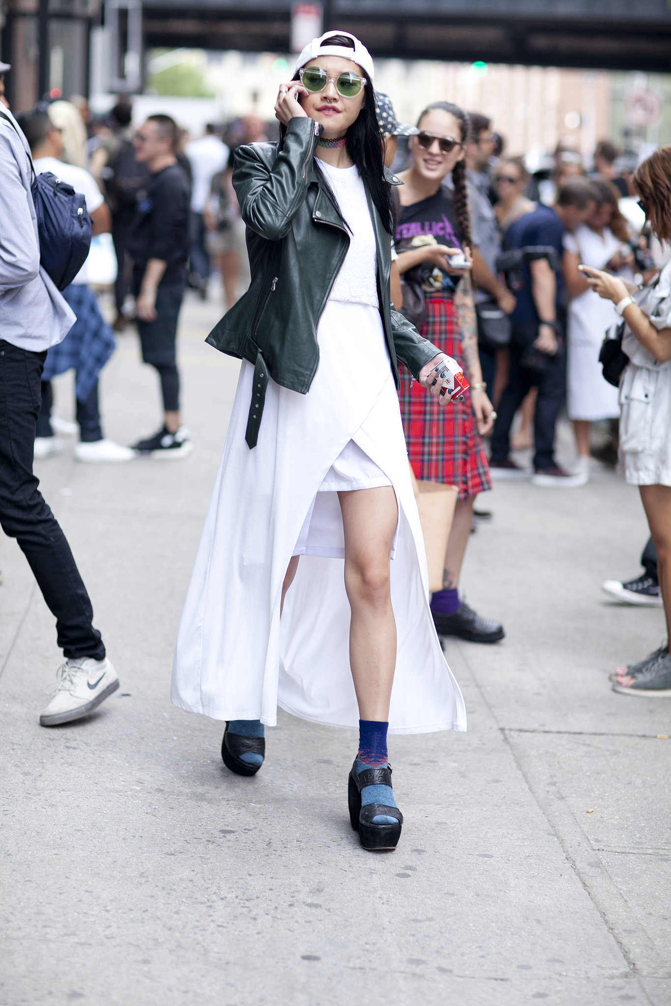 Platforms and socks lend a little quirk to crisp black-and-white look. 
