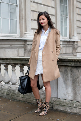 The camel coat — and those leopard print boots — made the look.
The camel coat — and those leopard print boots — made the look.