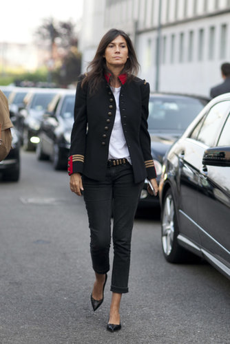 Emmanuelle Alt's military-inspired jacket made for the perfect standout piece.
Emmanuelle Alt's military-inspired jacket made for the perfect standout piece.