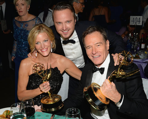 Anna Gunn, Aaron Paul, and Bryan Cranston posed with their awards at the 2013 Emmys Governors Ball.
Anna Gunn, Aaron Paul, and Bryan Cranston posed with their awards at the 2013 Emmys Governors Ball.