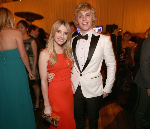 Emma Roberts and Evan Peters cuddled up at the Fox afterparty.
Emma Roberts and Evan Peters cuddled up at the Fox afterparty.