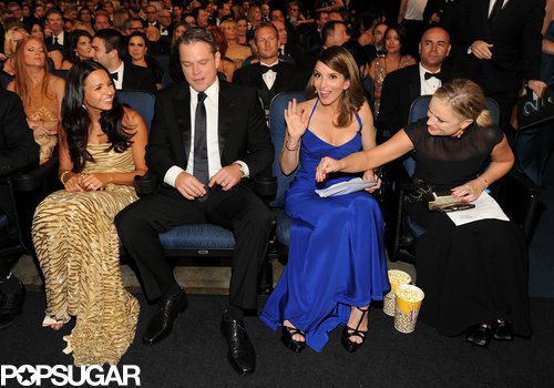 Tina Fey and Amy Poehler chatted with Matt Damon and Luciana Damon.
Tina Fey and Amy Poehler chatted with Matt Damon and Luciana Damon.