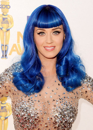 Katy Perry donned a now-iconic royal-blue wig, complete with Bettie Page bangs, at the 2010 MTV Movie Awards.
Katy Perry donned a now-iconic royal-blue wig, complete with Bettie Page bangs, at the 2010 MTV Movie Awards.