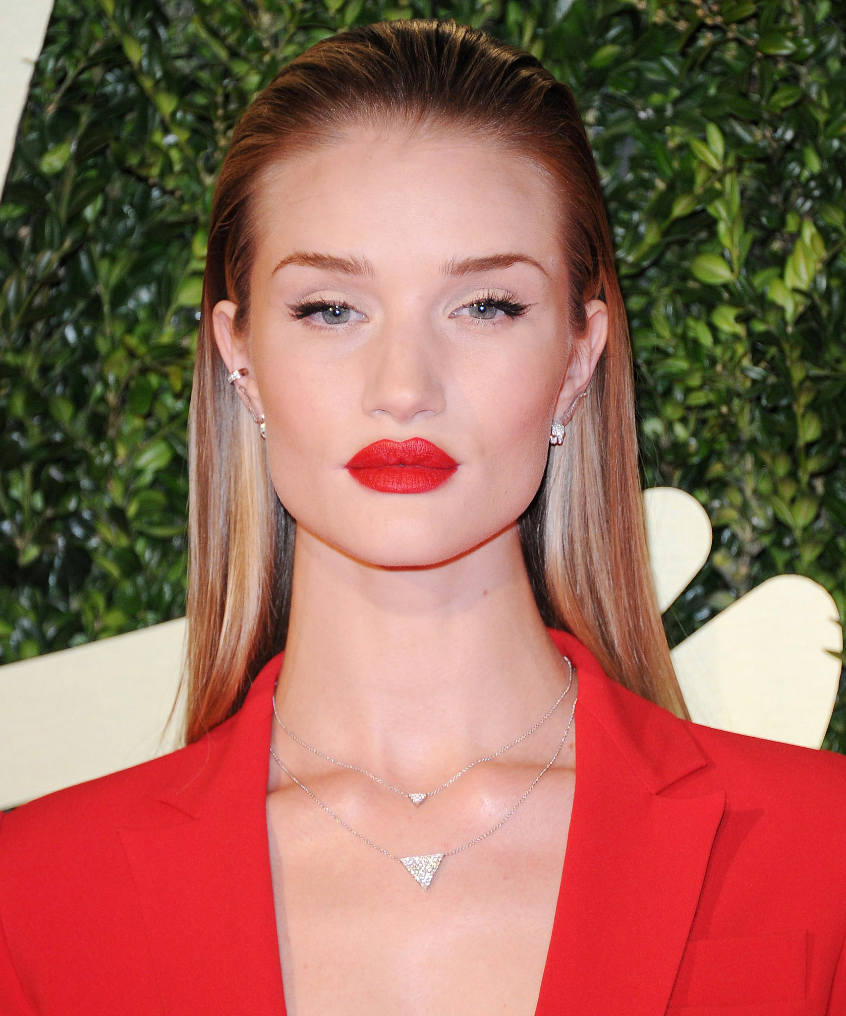 With Her Hair Slicked Back Rosie Huntington Whiteleys Bright Red