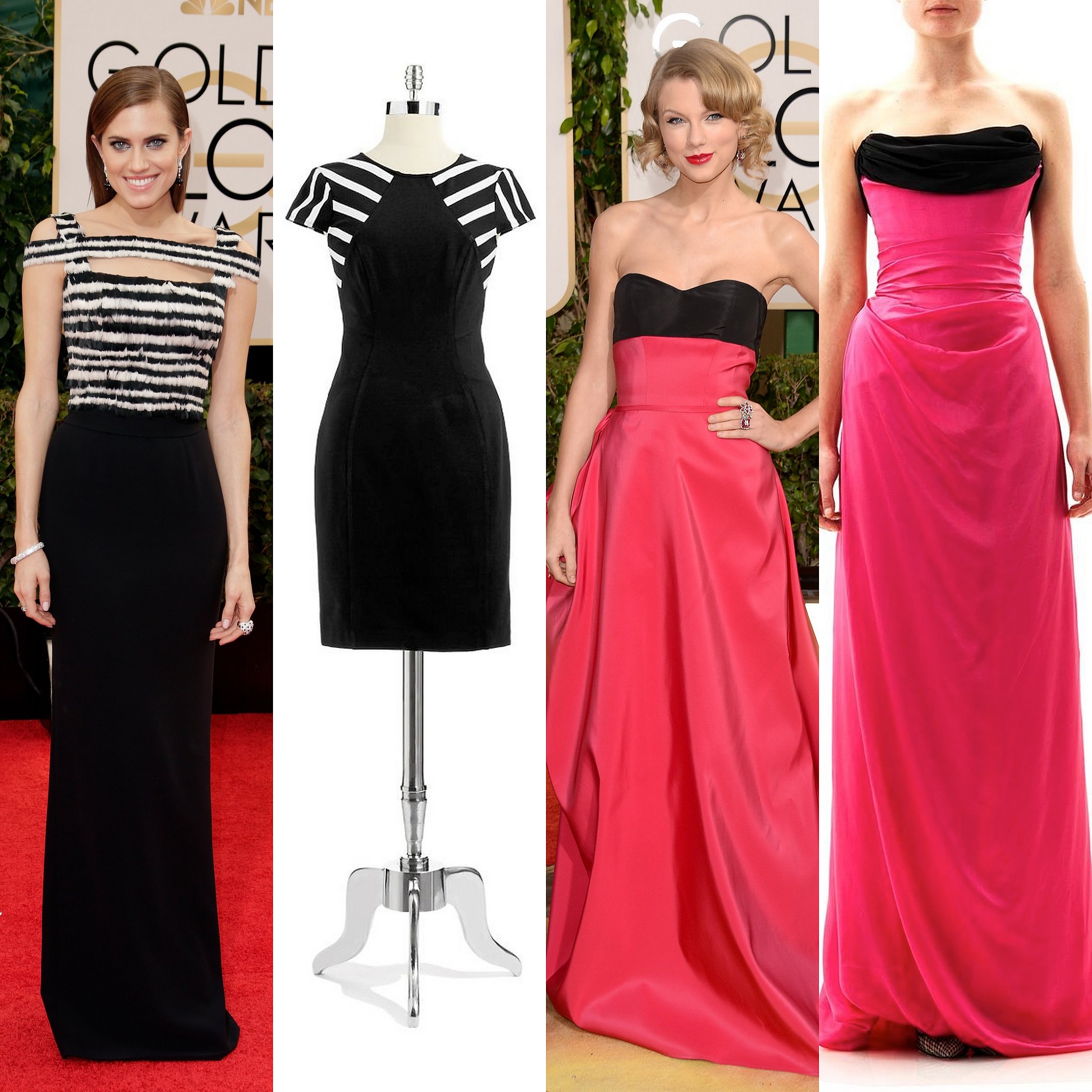 Allison Williams' stripe topped gown is very playful, while Taylor Swift's pink and black voluminous gown looks old-school cool. Allison Williams' stripe topped gown is very playful, while Taylor Swift's pink and black voluminous gown looks old-school cool.