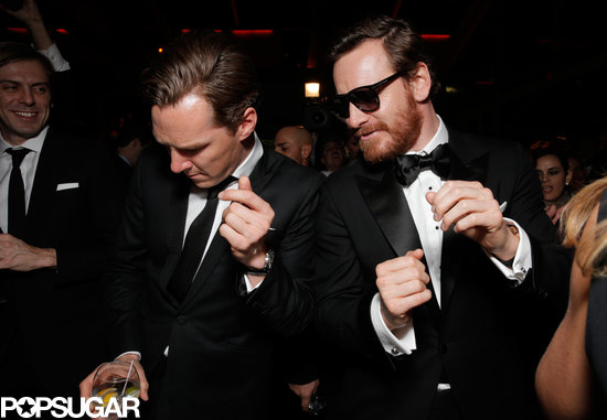 Benedict Cumberbatch got his groove on with Michael Fassbender at the FOX afterparty. Benedict Cumberbatch got his groove on with Michael Fassbender at the FOX afterparty.