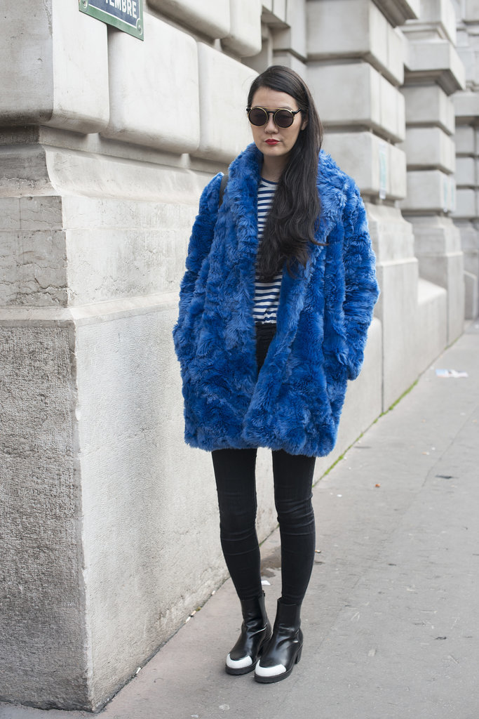 Kook meets classic when Breton stripes and a furry blue coat collide.
Kook meets classic when Breton stripes and a furry blue coat collide.