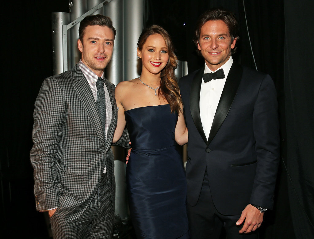 Justin posed for a photo with Jennifer Lawrence and Bradley Cooper backstage at the SAG Awards in January 2013.
Justin posed for a photo with Jennifer Lawrence and Bradley Cooper backstage at the SAG Awards in January 2013.