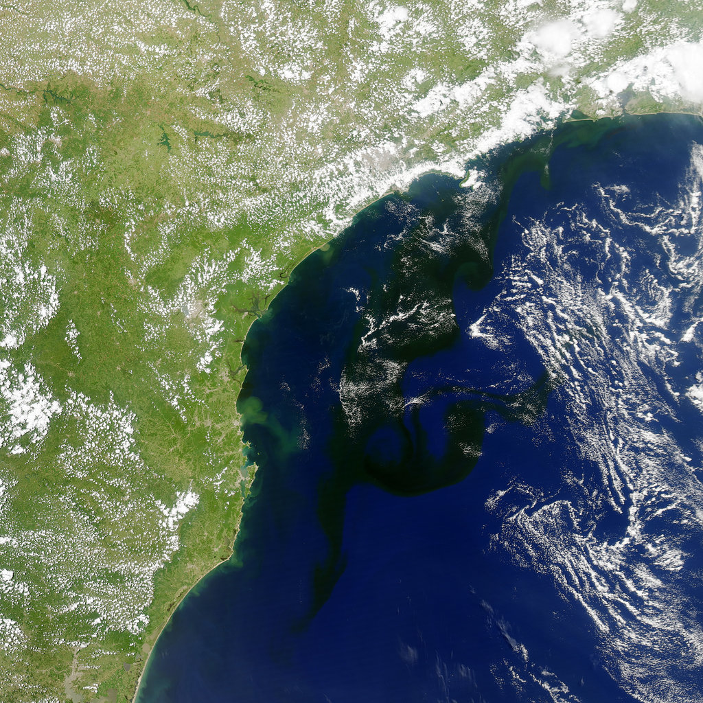 On Jan. 19, 2014, a camera on NASA’s Aqua satellite took this photo of a bloom of microscopic organisms off the southeastern coast of Brazil. The dark patches are the waters of the South Atlantic stretching as much as 500 miles from south to northeast. The strands of white are clouds.
Source: Jesse Allen/NASA
On Jan. 19, 2014, a camera on NASA’s Aqua satellite took this photo of a bloom of microscopic organisms off the southeastern coast of Brazil. The dark patches are the waters of the South Atlantic stretching as much as 500 miles from south to northeast. The strands of white are clouds.
Source: Jesse Allen/NASA