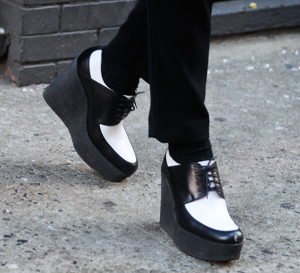 Black and white creepers make a standout look from the ankles down.
Black and white creepers make a standout look from the ankles down.