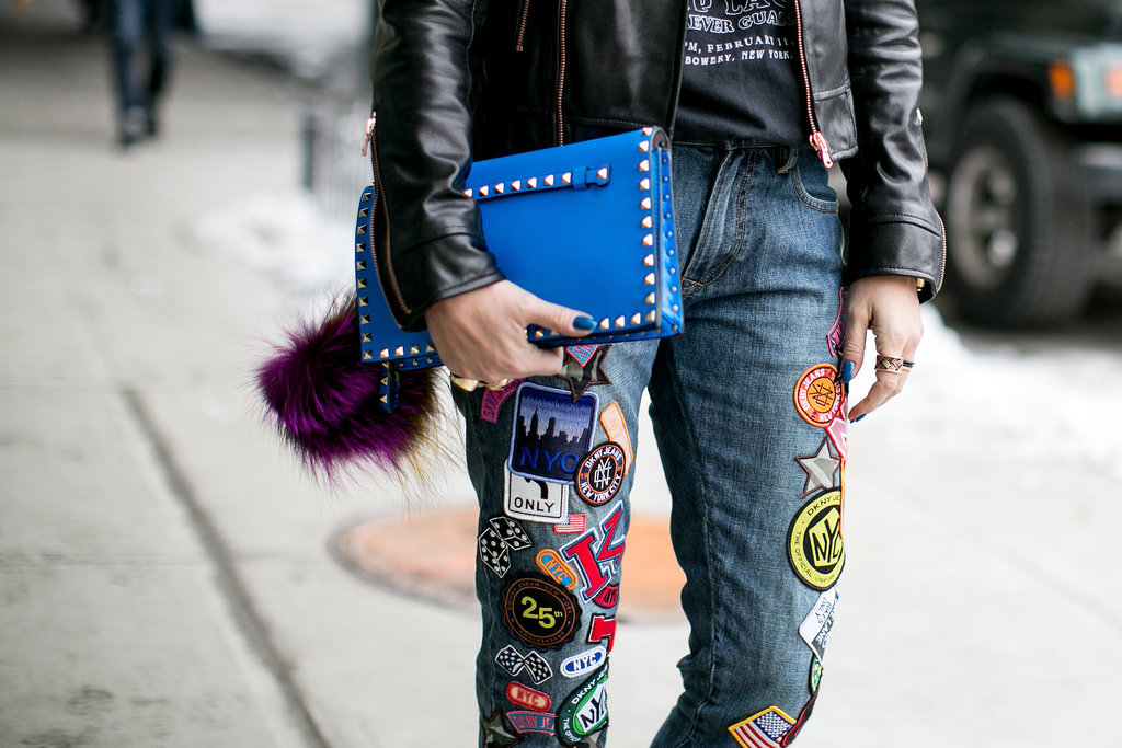 Patched-up denim is the street-cool contrast to a studded clutch.
Patched-up denim is the street-cool contrast to a studded clutch.