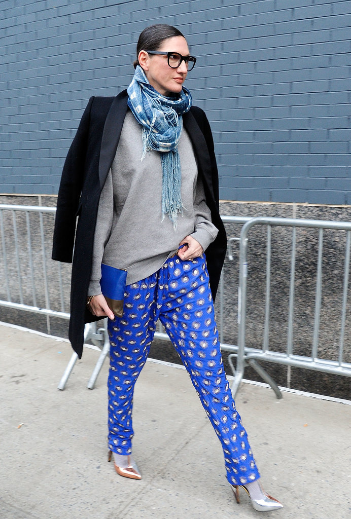 To catch the Altuzarra Fall 2014 show, she looked like she could've stepped straight off the pages of a J.Crew catalog thanks to the printed pajama-style pants, cozy sweater, and pumps layered with warm socks.
To catch the Altuzarra Fall 2014 show, she looked like she could've stepped straight off the pages of a J.Crew catalog thanks to the printed pajama-style pants, cozy sweater, and pumps layered with warm socks.