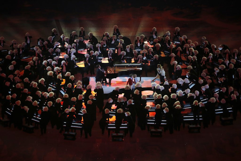 Russian pianist Denis Matsuev performed, surrounded by dancers and pianos.
