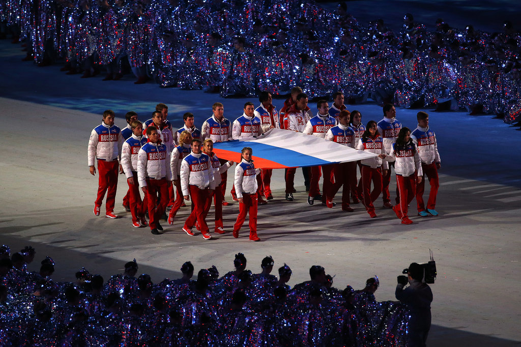 The Russian flag was carried into the arena by Russian athletes.
