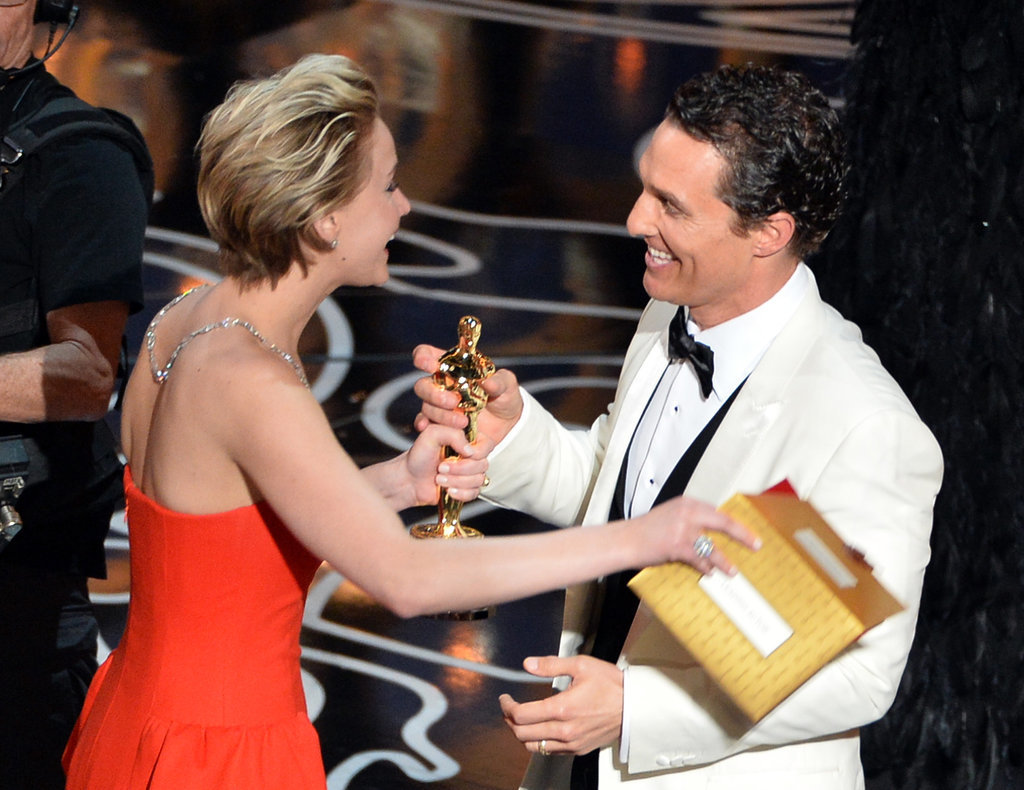 Jennifer Lawrence congratulated Matthew McConaughey on his best actor win.
Jennifer Lawrence congratulated Matthew McConaughey on his best actor win.