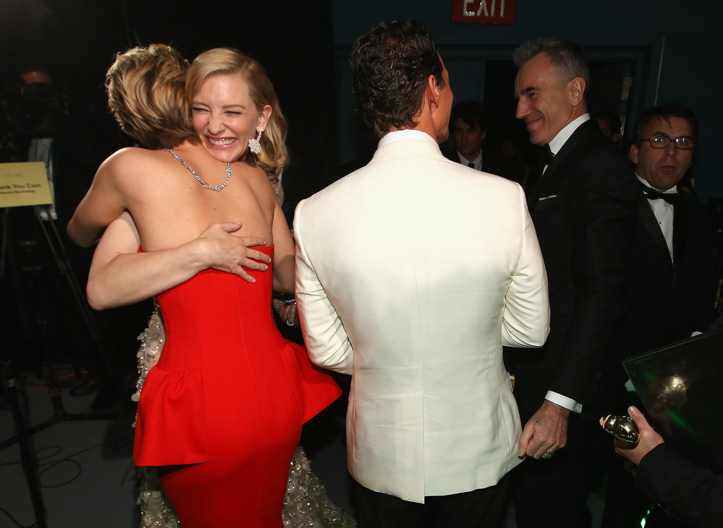Jennifer Lawrence hugged winner Cate Blanchett backstage after presenting Matthew McConaughey with his best actor statue.
Jennifer Lawrence hugged winner Cate Blanchett backstage after presenting Matthew McConaughey with his best actor statue.