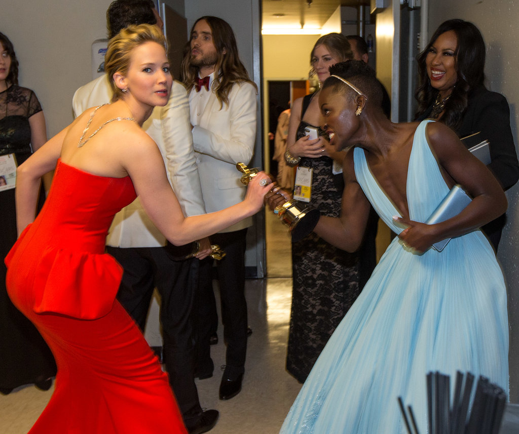 Jennifer Lawrence got grabby backstage when she tried to take Lupita Nyong'o's best supporting actress Oscar out of her hands.
Jennifer Lawrence got grabby backstage when she tried to take Lupita Nyong'o's best supporting actress Oscar out of her hands.