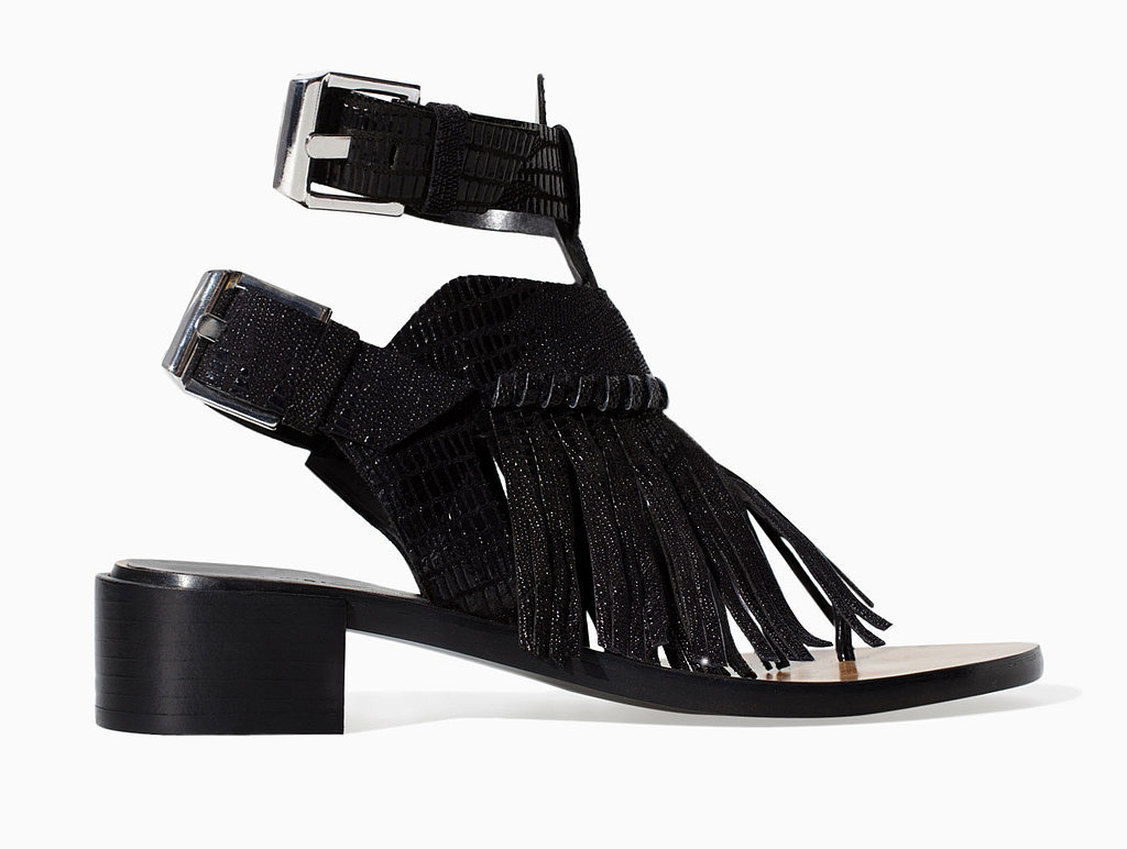 Zara black leather ankle-strap sandals with fringe (100)