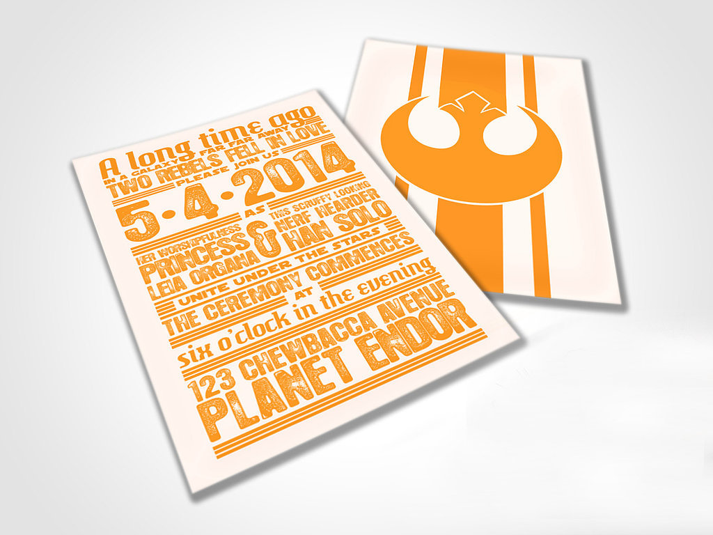 Star Wars-themed "rebels in love" wedding invites ($500 for 100)? Done and done.
Star Wars-themed "rebels in love" wedding invites ($500 for 100)? Done and done.