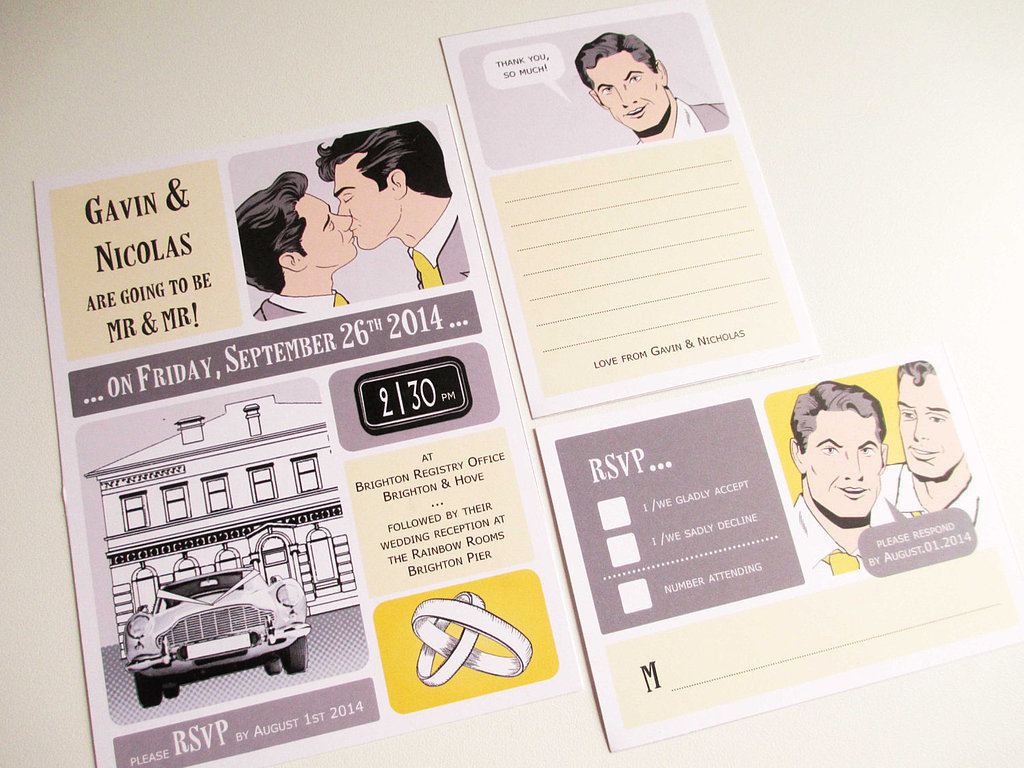 Give your wedding invites the fun comic touch ($34 for digital file), and you won't go wrong.
Give your wedding invites the fun comic touch ($34 for digital file), and you won't go wrong.