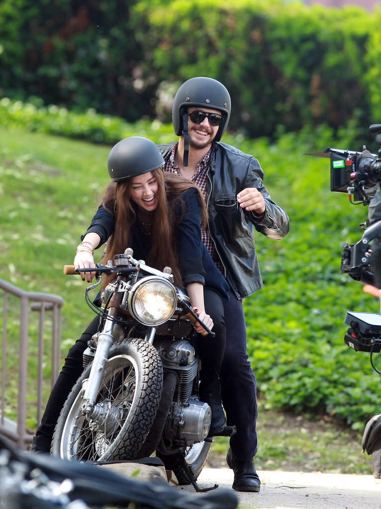 On Wednesday, Amber Heard and James Franco laughed as they got on a motorcycle while filming The Adderall Diaries in NYC.
On Wednesday, Amber Heard and James Franco laughed as they got on a motorcycle while filming The Adderall Diaries in NYC.