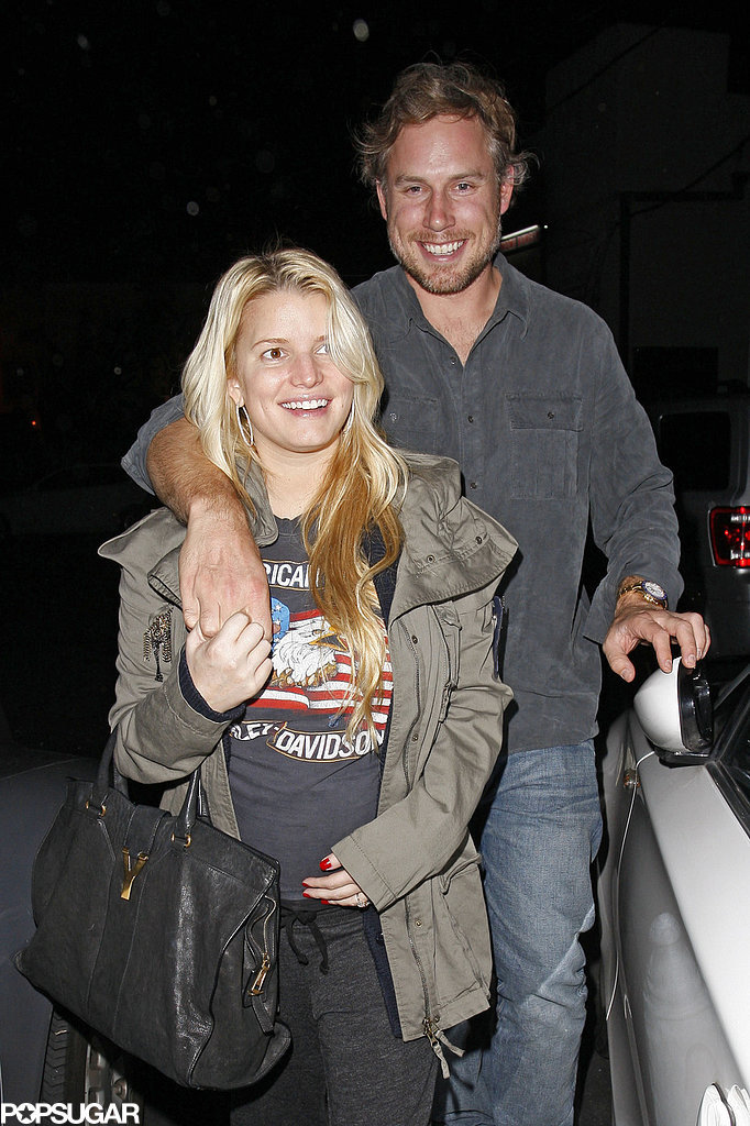Eric kept his arm around pregnant Jessica as they left an LA restaurant in November 2011.
Eric kept his arm around pregnant Jessica as they left an LA restaurant in November 2011.