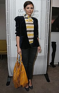 Ginnifer Goodwin Wears a Striped Blouse, Velvet Blazer, and Yellow Fringe Bag to an LA Event