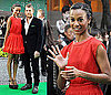 Zoe Saldana Attends Tokyo Film Festival in an Red Orange Ruffle Dress and Black Platforms
