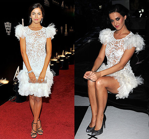Katy Perry and Camilla Bella Wear Marchesa's White Feather Dress