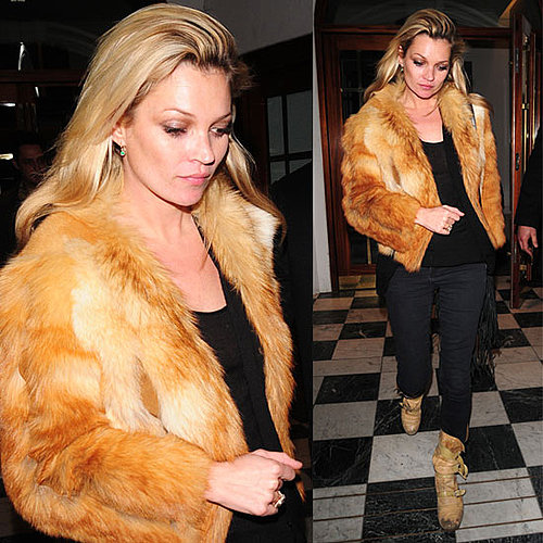 Kate Moss Wears Blonde Fur Jacket and Tan Buckle Boots