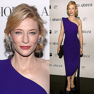 Cate Blanchett Wears One Shoulder Armani Prive Purple Dress and Blue Topaz Earrings