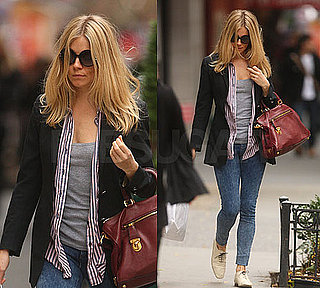 Sienna Miller in Black Blazer, Striped Shirt, Red Prada Bag in New York City 2009-12-04 11:09:49