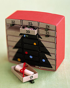 24 matchboxes in this advent calendar make up a miniature set of drawers, which reveal a Christmas tree as they are removed and reversed.
24 matchboxes in this advent calendar make up a miniature set of drawers, which reveal a Christmas tree as they are removed and reversed.