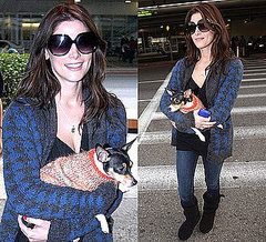 Photos of Ashley Greene Wearing Blue Houndstooth Cardigan at LAX