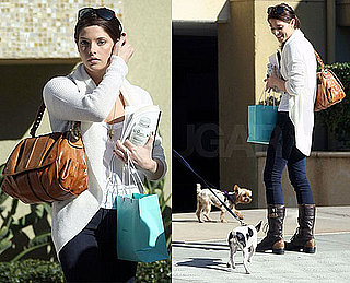 Ashley Greene in LA in White Sweater, Denim Leggings, and Brown Boots