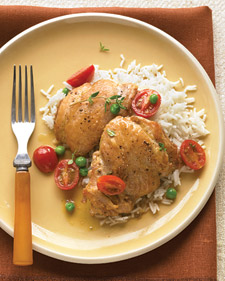 Fast & Easy Everyday Food Recipe For Braised Chicken With White Wine, Tomatoes, and Peas