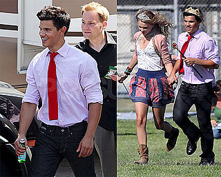 Photos of Taylor Lautner and Taylor Swift With Crowns, Emma Roberts on the Set of Valentine's Day