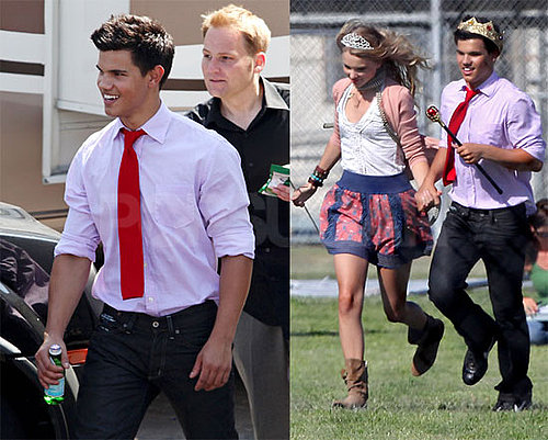 Photos of Taylor Lautner and Taylor Swift With Crowns, Emma Roberts on the Set of Valentine's Day