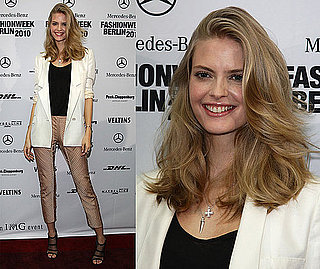 Model Julia Stegner Attends Berlin Fashion Week in Ivory Blazer, Cropped Pants, and Stella McCartney Mesh Shoes