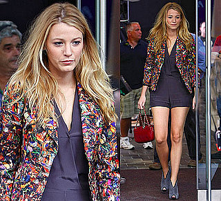 Photo of Blake Lively Wearing Navy Blue Jumper and Colorful Blazer in NYC