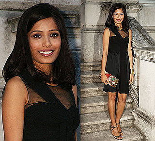 Photo of Freida Pinto Wearing Black Dress in London Promotion Slumdog Millionaire