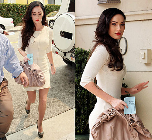 Actress Megan Fox in LA Wearing Ivory Knit Dress, Red Lipstick, and Yves Saint Laurent Platforms
