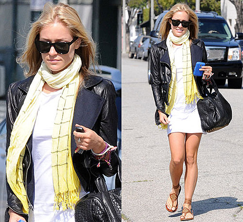 Photo of Kristin Cavallari Wearing White Dress and Leather Jacket in LA