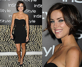 90210 Actress Jessica Stroup in Black Strapless Lace Insert Dress at InStyle's Annual Summer Party
