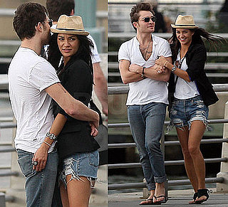 Photo of Jessica Szohr in Ripped Shorts and Blazer With Ed Westwick  in NYC