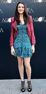 Actress Rachel Weisz Attends Agora Madrid Photocall in Blue Floral Dress and Berry Leather Jacket