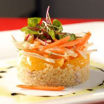 Quinoa, Avocado, and Sweet Potato Timbale With Roasted Tomatillo Dressing
