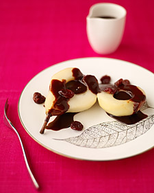 Easy Winter Treat: Pears With Cherries and Chocolate Sauce