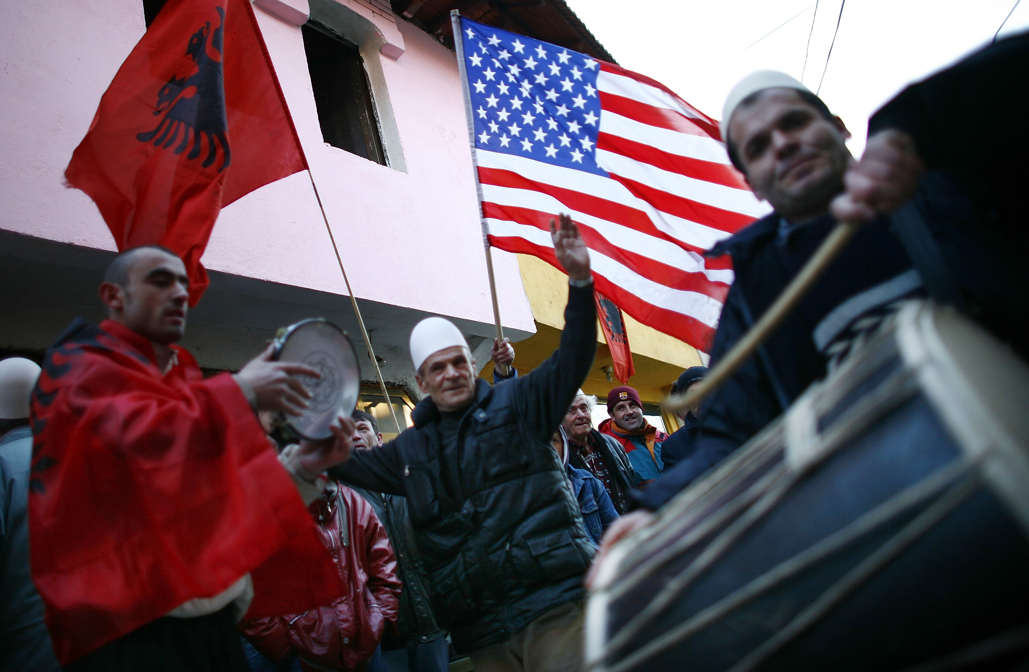 Kosovo Albanians celebrate on the day their prime minister proclaimed Kosovo independent. Kosovo Albanians celebrate on the day their prime minister proclaimed Kosovo independent.