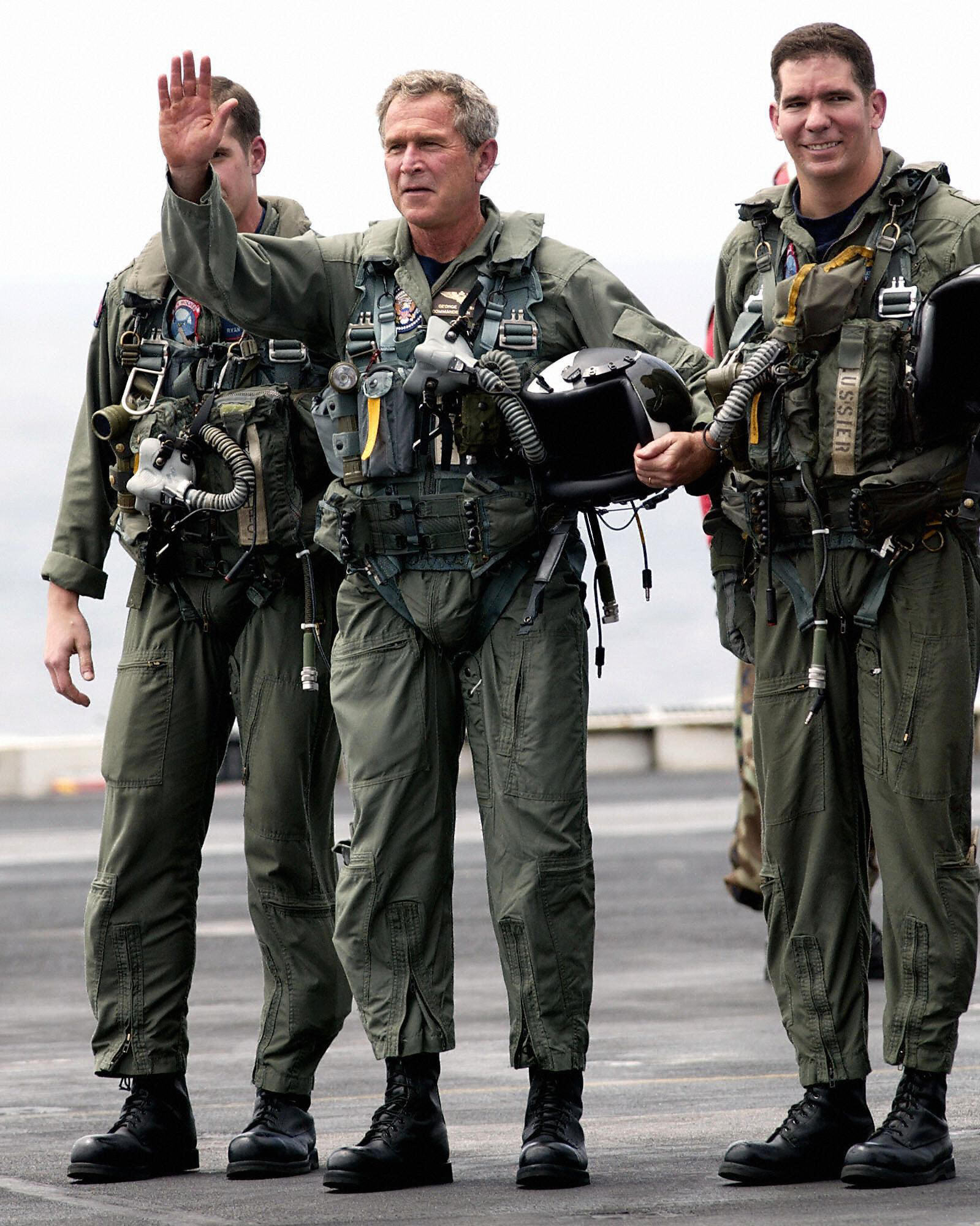 May 1, 2003, Bush lands on the aircraft carrier USS Abraham Lincoln. May 1, 2003, Bush lands on the aircraft carrier USS Abraham Lincoln.